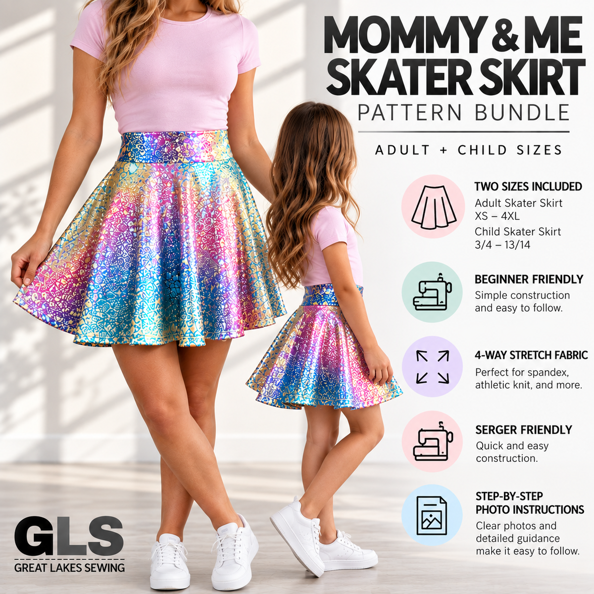 Mommy & Me Circle Skater Skirt Sewing Pattern Bundle | Adult / Child PDF Patterns Instant Download | 4-Way Stretch – Beginner Serger